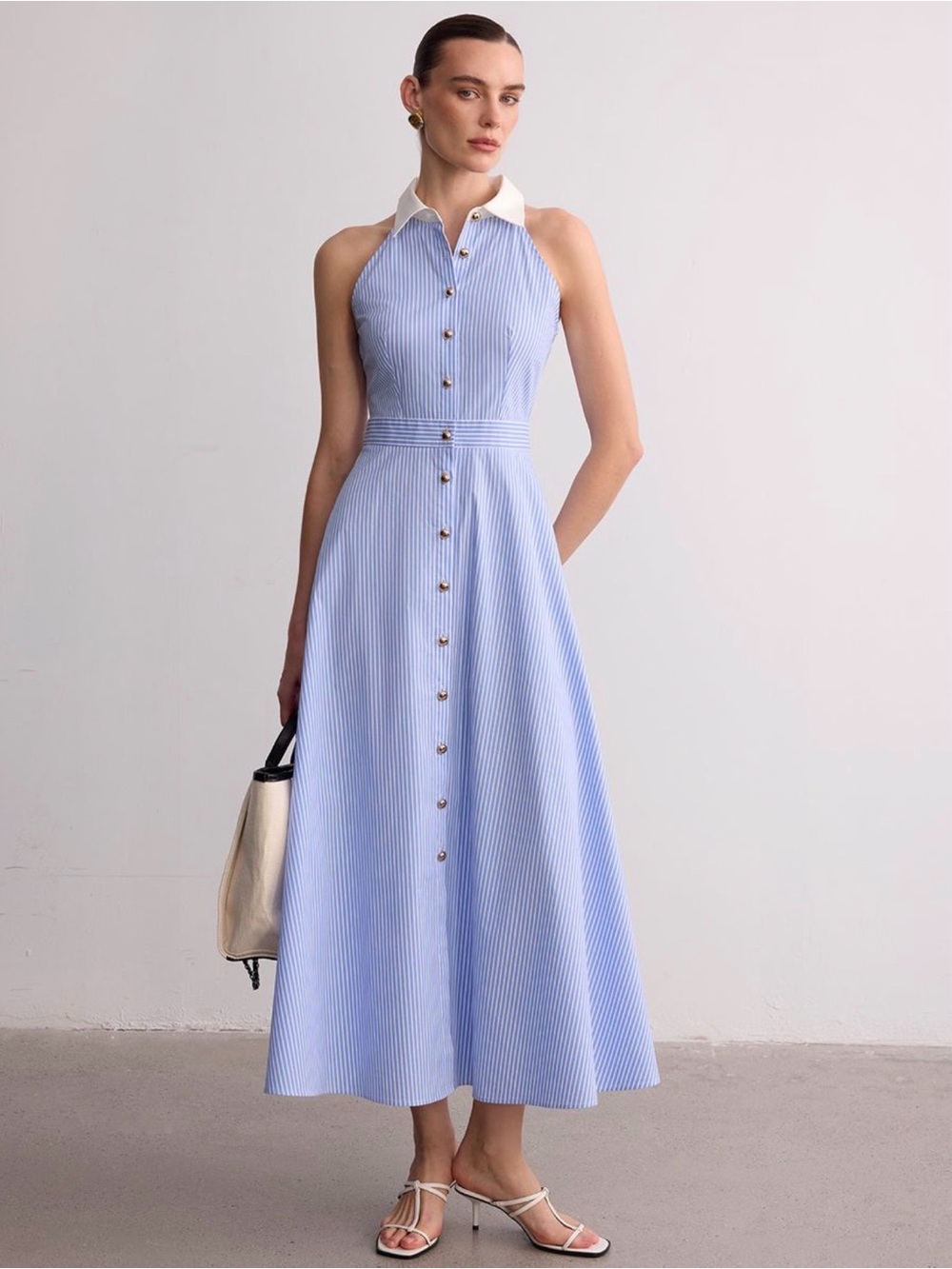 COMMENSE Sleeveless Blue Stripe Button-Front Halter Midi Dress -Size XL
